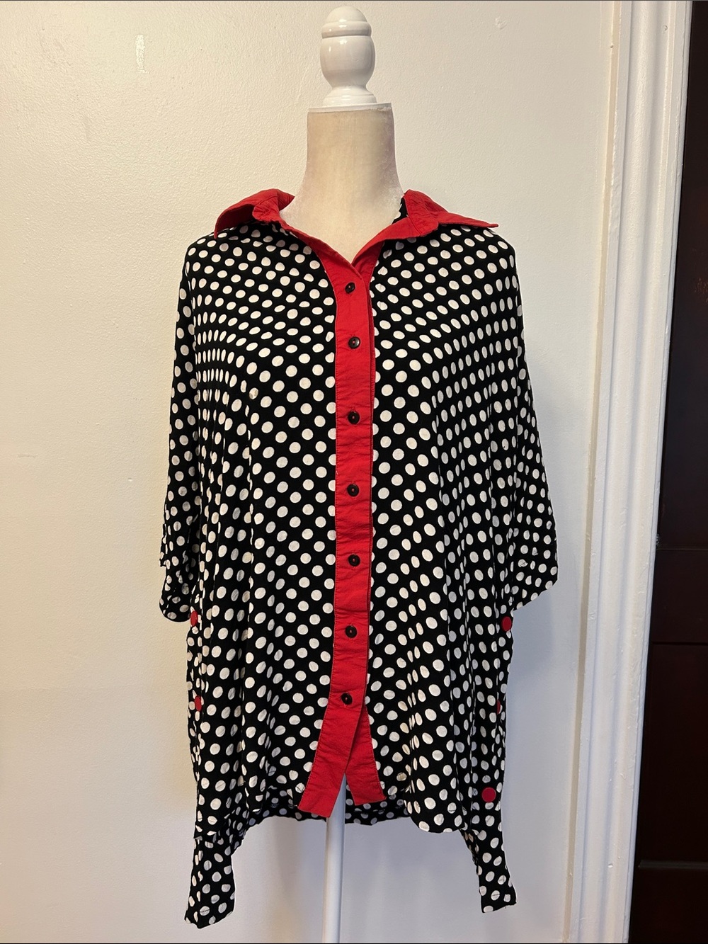 Polka Dot Button-Front Tunic with Red Trim